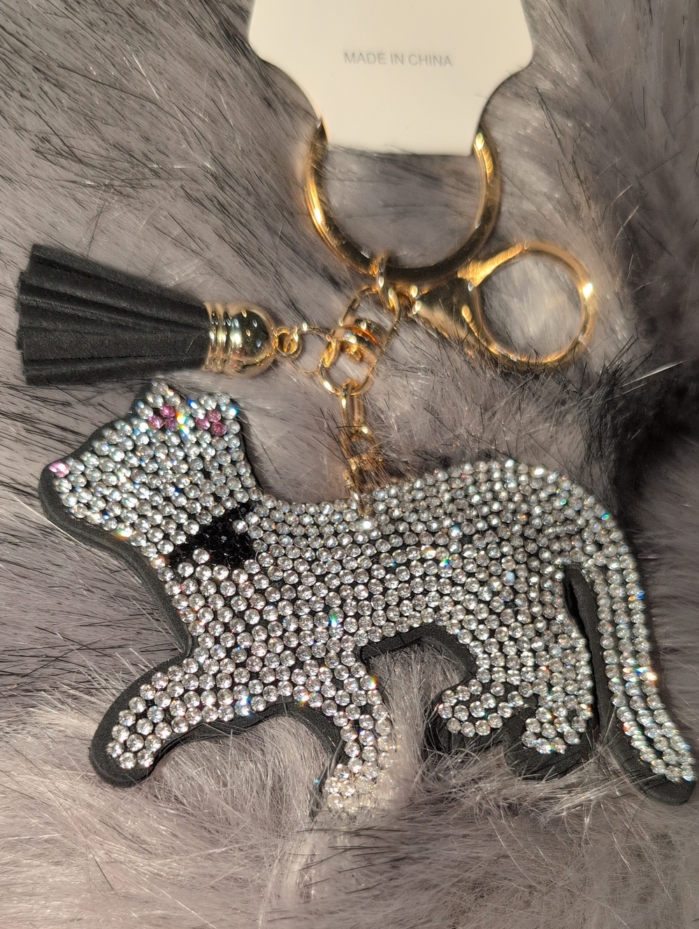 Fashion Jewelry Silver Crystal Cat Keychain with Gold Hardware and Black Tassel